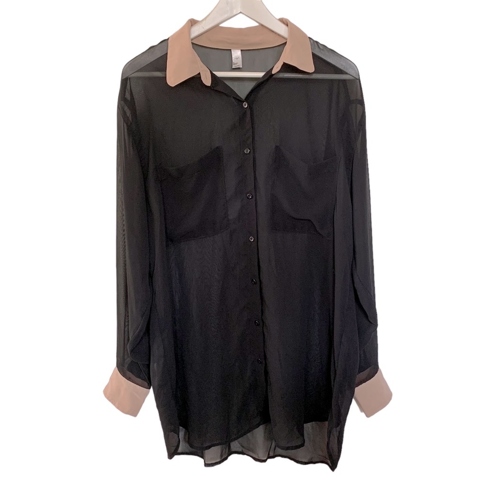 American Apparel Sheer Black and Pink Long Tunic Button Up Top